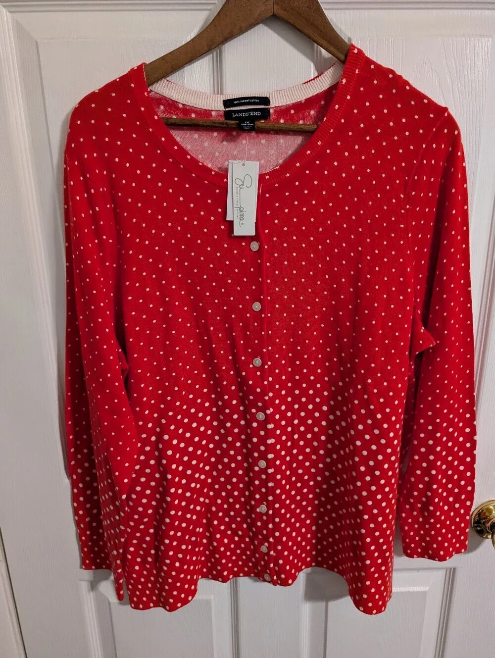 New Lands End Womens Sweater Cardigan Red White Dots Supima Cotton Plus Size 1X